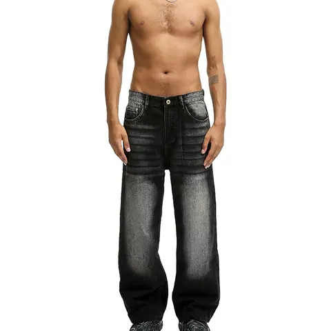 Custom Men Loose Baggy Denim Jean  Heavyweight Oversized Hoodie Manufacture Men Black Plus Size Baggy Jeans Men