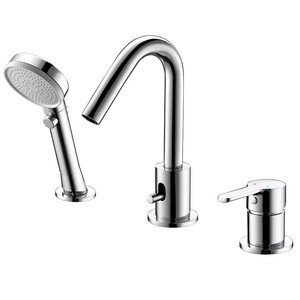 Deck Mounted dual handle pull out bathroom basin faucet, 3 hole bathtub faucet with shower