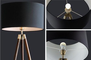factory American style tripod black gold iron floor lamp with fabric shade  with CE VDE FCC holder for hotel living rooms