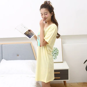 Fashion 2018 Summer Women Cotton Nightdress O-neck Shirt Sleepwear Nightgown Printing Soft Home Clothe Wholesale D01-Beige