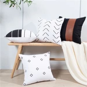 Faux Leather Pillow Set of 4 Decorative Throw Pillow Covers For Couch Sofa Farmhouse, 100% Cotton White Cushion Cover