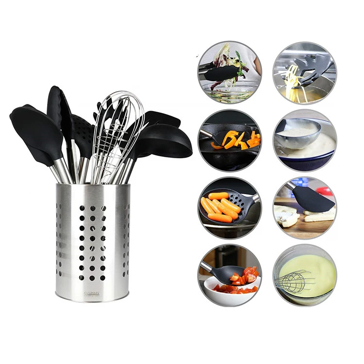 Food safty nylon and silicone kitchen utensil set cooking tools with stainless steel holder