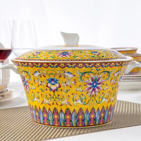 Gold Line Customized Design Pink Colour Ceramic Dinner Big Bowl Set  with Lid Porcelain Bone China Soup Tureen Jar
