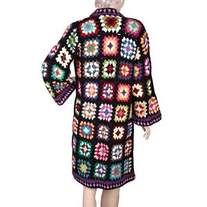 Handmade Winter Ladies Cotton Black Long Cardigan Crochet Women Sweater