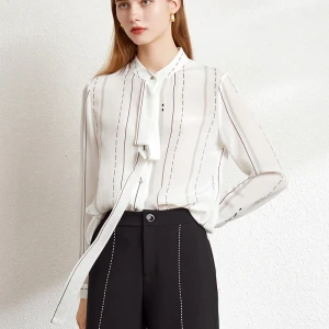 High Quality  Office Lady Elegant  Long Sleeve Stand-neck with tie Career Shirt Casual  Silk  Stripe Blouse