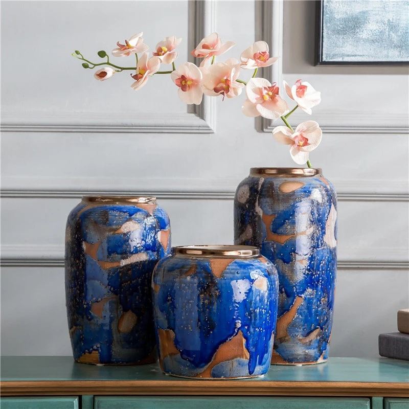 Home living room flower arrangement luxury three-piece set of metal color glaze pottery vase