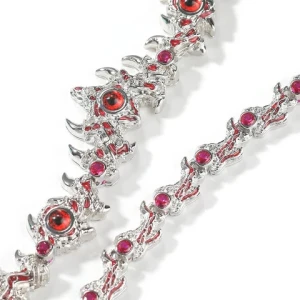 Hot Sale Hip Hop Jewelry Red Eyes White Gold Plated Iced Out CZ Diamond Prong Dragon Claw Eye Link Chain Necklace