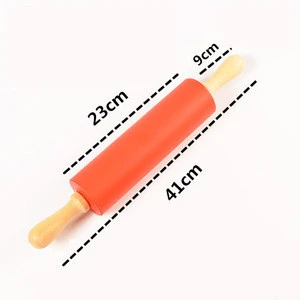 Hot selling 41cm Silicone rolling pin with wooden / plastic / stainless steel handle