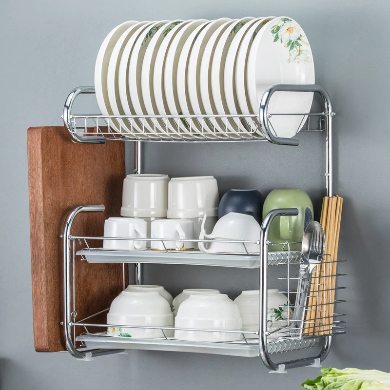 Household product high quality silver home kitchen storage 3 tiers Stain Steel dish rack with chopsticks rack