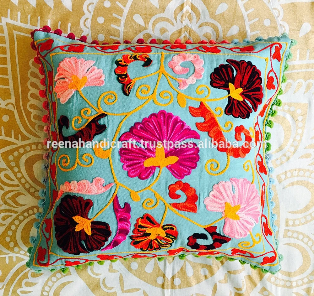 Indian Handmade Suzani Embroidered Pom Pom Cushion Cover
