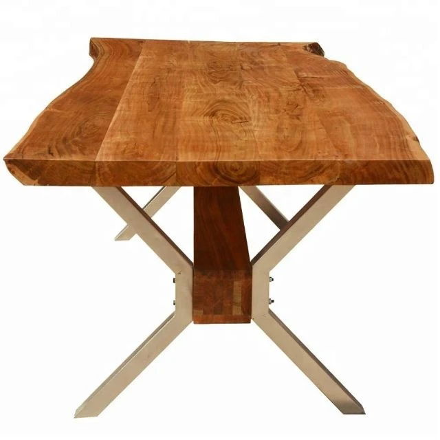 Industrial Furniture modern Metal Legs Live Edge Slab Solid Acacia Wood Dining Table