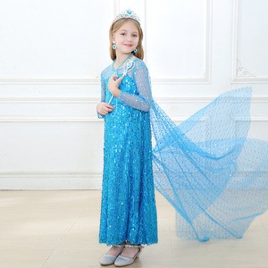 Kids Blue Sequin Movie Dress Up Style Straight Baby Girl Snow Queen Party Wear Dress Elsa Costume Cosplay