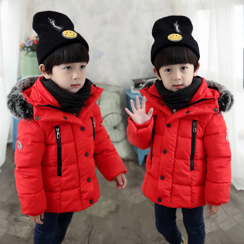 Kids Hooded Coat Cotton-Padded Jacket For Children Solid Color With Wool Collared Girls and Boys Warm Jacket