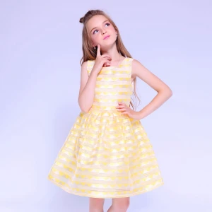 Kseniya Kids Yellow Striped Girl Organza Dress Sleeveless Cotton Fashion Girl Dress For Party Communion Formal School