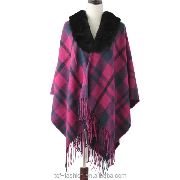 Ladies acrylic colorful shred woven stripe checked yarn dye fur collar ruana cappa shawls stole scarf