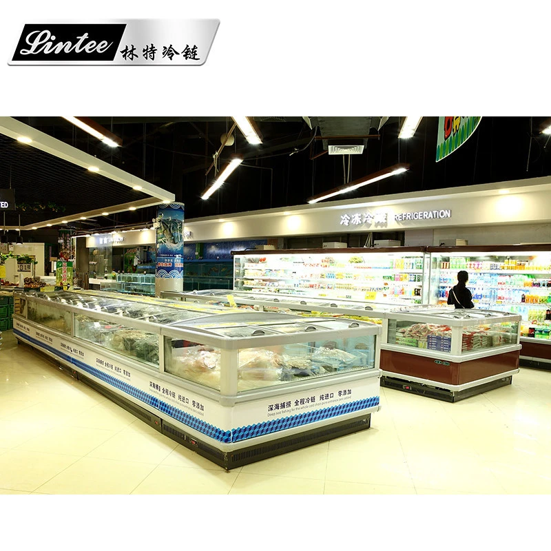 Lintee supermarket double island frozen food refrigerators and freezers with imported compressor outside