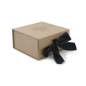 Luxury square brown foldable magnetic closure gift cardboard paper boxes with ribbon tie