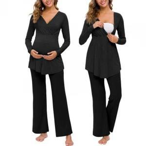 Maternity nursing pajamas Fashion solid color stitching multifunctional mother long sleeve + trousers suit
