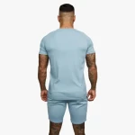 Mens 100% Polyester Slim Fit T-Shirt and Shorts Set Quick Dry Crew Neck Fundamental Baby Blue Poly Twinset for Autumn