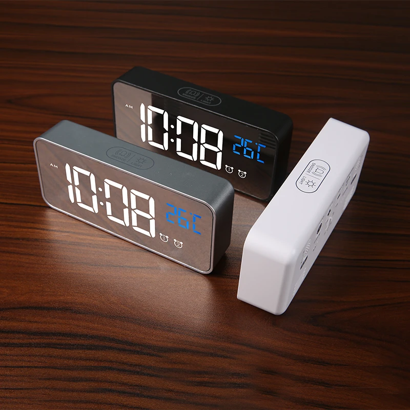 Most Popular High Quality LED Mirror Sounds Control Rechargeable Digital Alarm Clock with Temperature