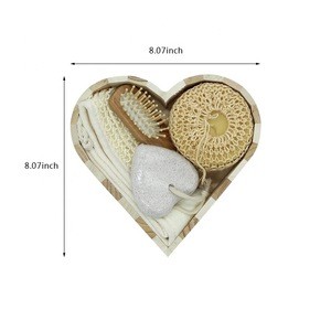 Natural SPA Kit OEM SPA Natural Bath Gift Set with Heart-Shape Wood Box Including Shower Scrubber Sponge Pumice Stone Hairbrush