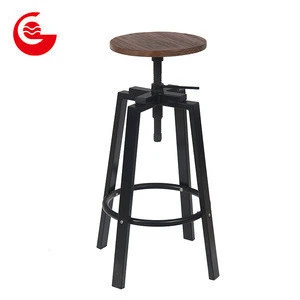 New adjustable height industrial metal bar stool chair with wooden seat