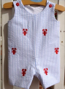 Newest Infant Toddler Boys jon jon seersucker stripe Smocked Shortalls lobster