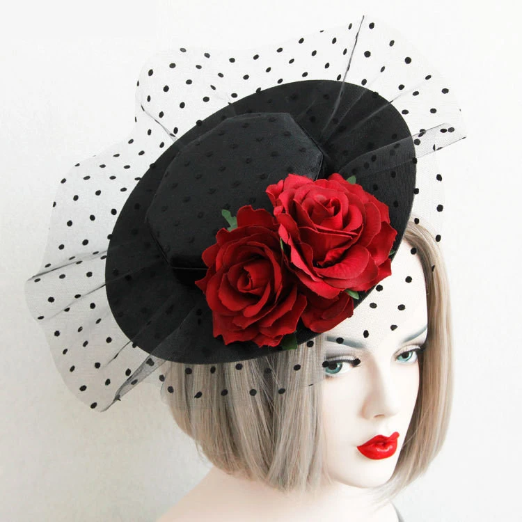 Nightclub Party Masquerade Ball Dance Hair Accessories Retro Sexy Mesh Wine Red Rose Flower Hat Hairpin