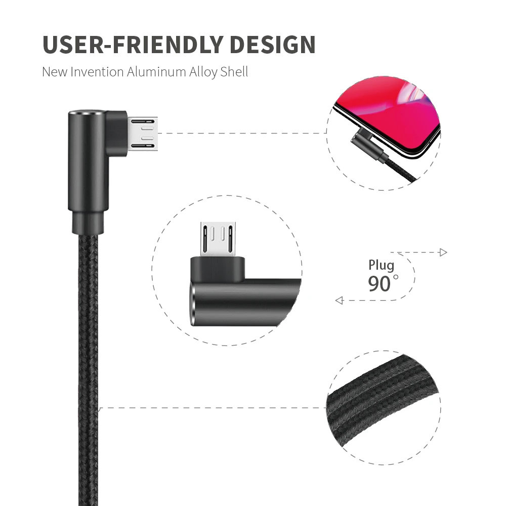 Phone Charger   USB  Cable 90 Degree  Nylon Braided Micro USB to USB A Date and Sync Date Android Cable rohs