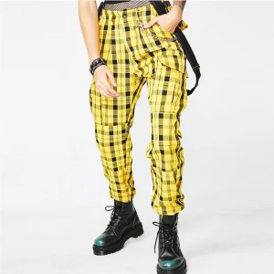 Popular 2021 hot style women&#x27;s streetwear style yellow Plaid pocket suspender trousers bib pants overalls
