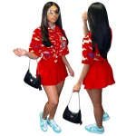 qc-sz8120 summer new arrivals printed loose  skirts and blouse pleated mini stylish two piece short set wrap skirt