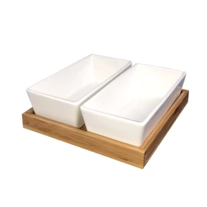 Set 2 dish Fashion Wholesale Rectangle Snack Dish Porcelain Serving Dishes  with Bamboo Tray