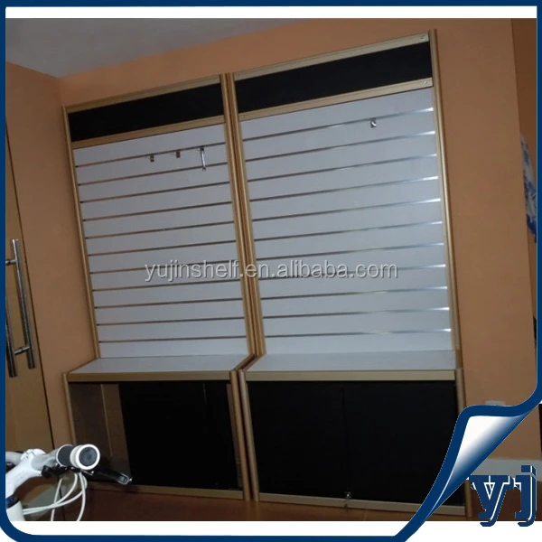 Shop fitting wooden slat wall lockable aluminium display cabinet