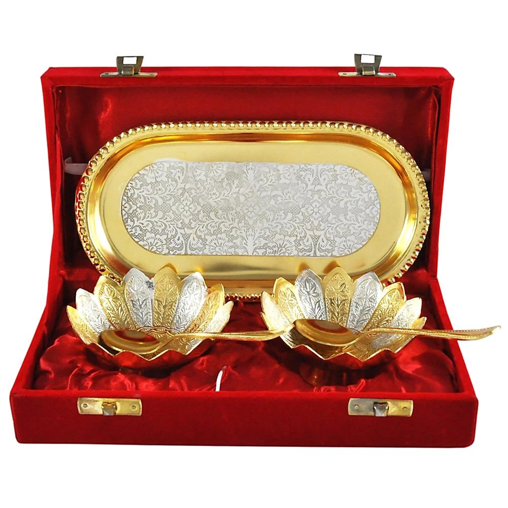 Silver Brass Bowl Tray Spoon Gift Set of 5 pieces Fancy Gold Plated Engraved Metal Arab Wedding Giftware