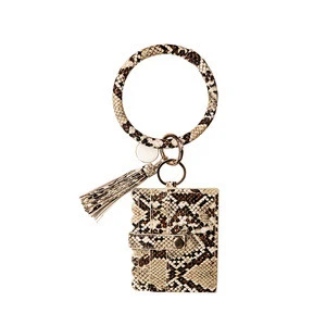 Snakeskin Bangle Key Ring Wallet Women Serape Leopard Tassel Wristlet Bracelet Keychain ID Card Holder