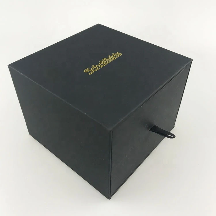 soft touch black paper sharp edge drawer watch box with velvet inlay and pillow watch packaging