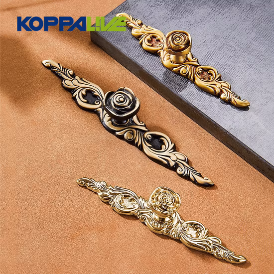 Furniture Hardware Accessories Flower Retro Brass Kitchen Drawer Cabinet Door Handle with Back Plate