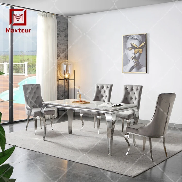 Stainless steel silver table charis sets dining room furniture dinning table set 6 chairs