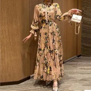 Trade Cross-Border 2024 Spring New Round Neck Lantern Sleeve Elegant Printed Waist-Controlled Long Dress Women