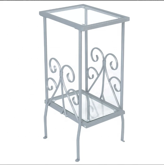 Tradition Style Elegant Metal Scroll Frame 2-Tier Tempered Glass Shelf Side Accent Table