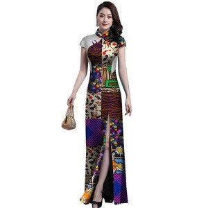 Unique Chinese Cheongsam Bazin Riche African Print Lace Dresses for Women Custom Clothing Sexy Straight Side Split Dress WY2863