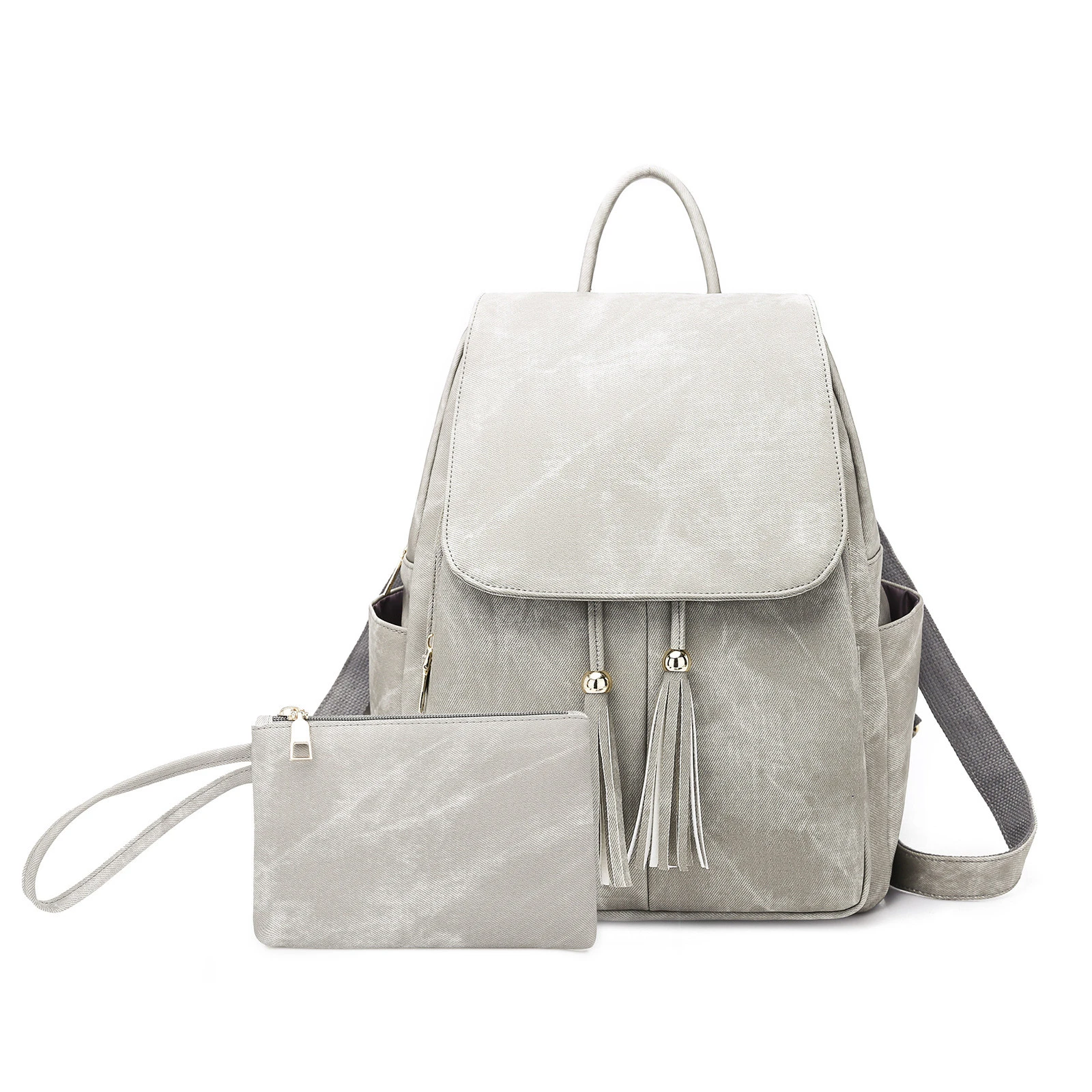 Vintage Matte Denim Suface PU Leather Female Tassel Women School Bag Set Notebook Book Cute backpack bag waterproof