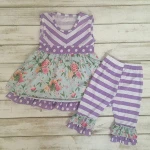 Wholesale baby clothes beautiful floral print dress purple strip shorts sets girls wholesale boutique clothing