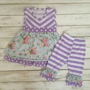 Wholesale baby clothes beautiful floral print dress purple strip shorts sets girls wholesale boutique clothing