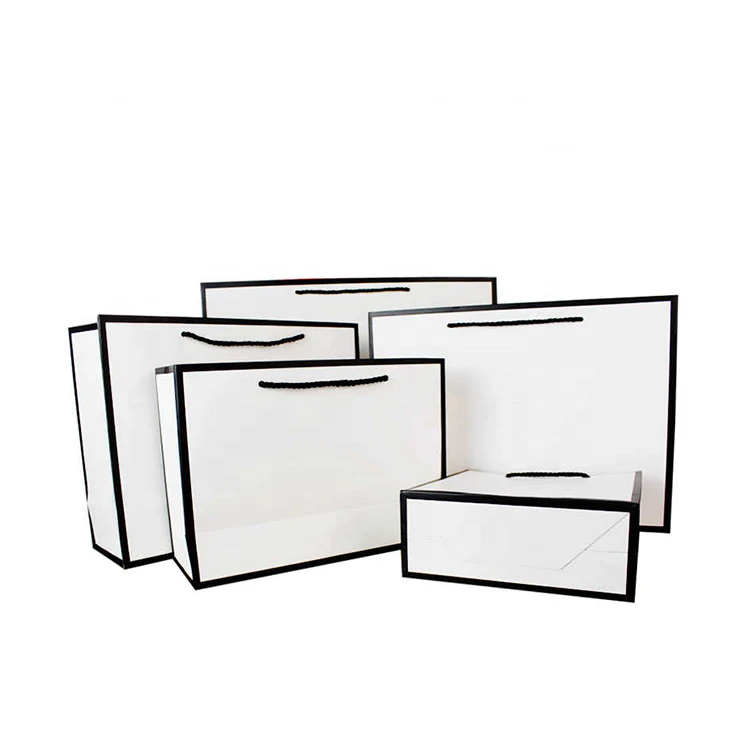 Custom Printed Luxury White Cardboard Gift Paper Bags with Black Ribbon, Rope, Handle