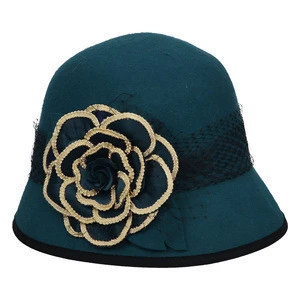 wholesale quality women wool felt hats with flower formal hats for wedding party