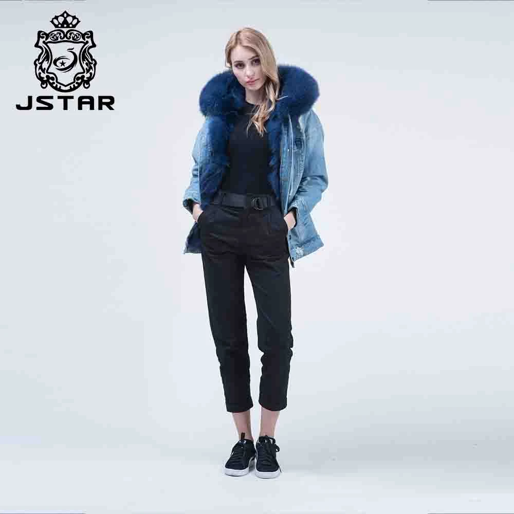 Winter women warm parka real fox fur lining jean coat denim jacket with hood
