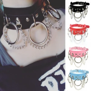 Woman Punk Style PU Leather Bondage Collar Choker Necklace with 3 Large Rings and Chain
