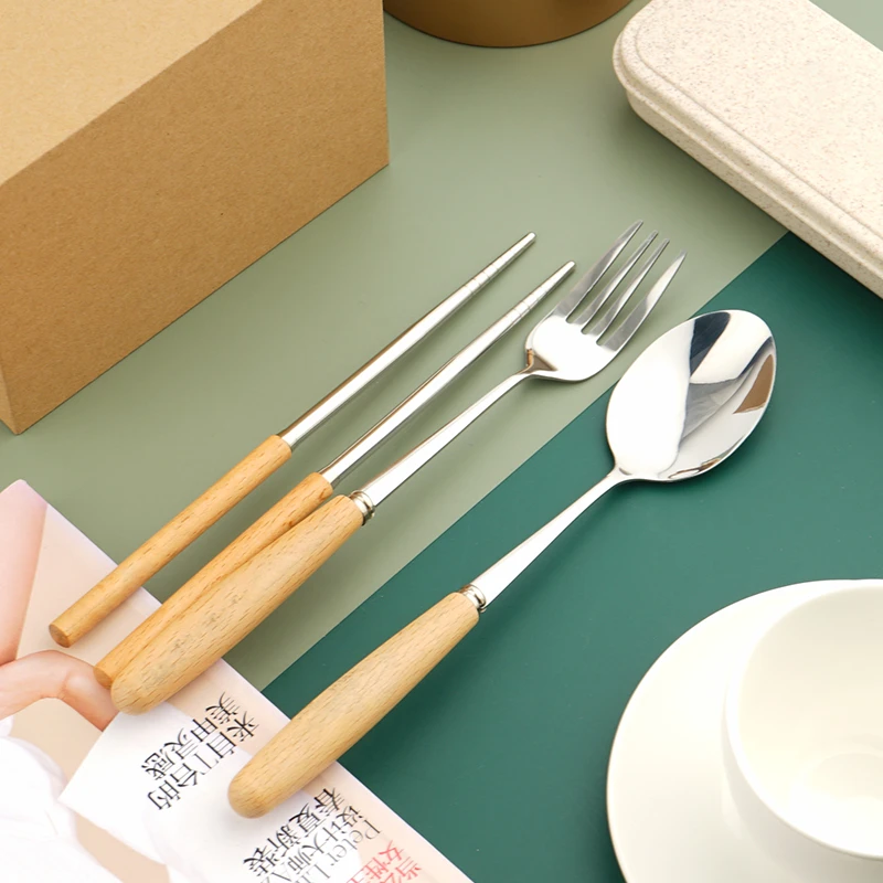 Wooden Handle Spoon Fork Chopsticks flatware set Stainless Steel 3PCS Cutlery With Case/Bag