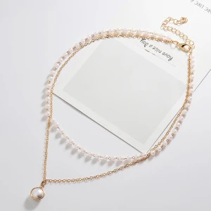 YD Korean Jewelry Fashion Pearl Choker Necklace, Women Cute Girl Gold color Double Layer Chain Pearl Pendant necklace